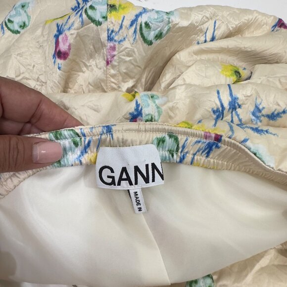 Ganni Floral Crinkled Satin Off-Shoulder Slit Maxi Dress Bell Sleeves Size 36 - Picture 3 of 16